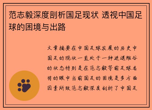 范志毅深度剖析国足现状 透视中国足球的困境与出路