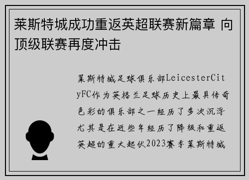 莱斯特城成功重返英超联赛新篇章 向顶级联赛再度冲击