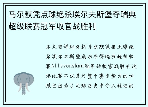 马尔默凭点球绝杀埃尔夫斯堡夺瑞典超级联赛冠军收官战胜利 马尔默凭点球绝杀埃尔夫斯堡夺瑞典超级联赛冠军收官战胜利