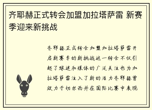 齐耶赫正式转会加盟加拉塔萨雷 新赛季迎来新挑战