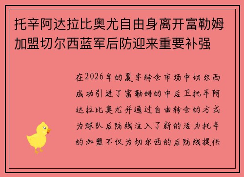 托辛阿达拉比奥尤自由身离开富勒姆加盟切尔西蓝军后防迎来重要补强 托辛阿达拉比奥尤自由身离开富勒姆加盟切尔西蓝军后防迎来重要补强